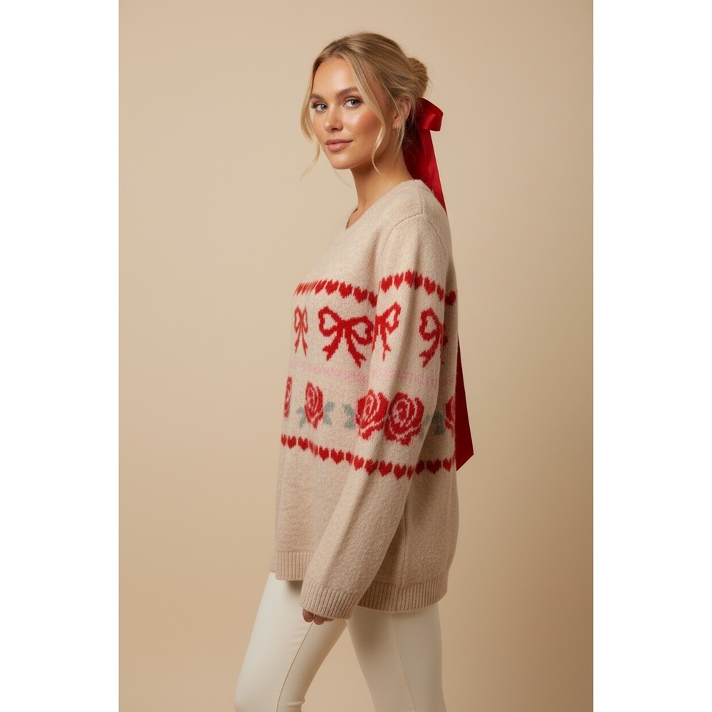 Cupcakes and Cashmere Bow Rose Heart Sweater Large Beige Coquette Romantic